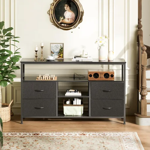 Vista 8 de Huuger - Soporte de TV de 47 pulgadas con tomacorrientes y luces LED, cómoda de tela para dormitorio con almacenamiento, centro de entretenimiento