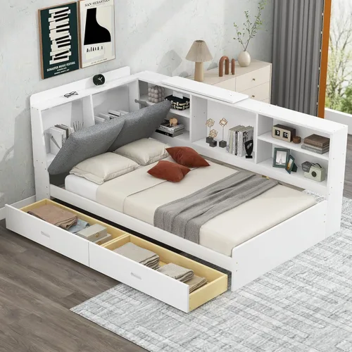 Vista 12 de Cama de plataforma de tamaño individual con cajones de almacenamiento, estantería y cabecera en forma de L, sofá cama de madera de pino con estantes