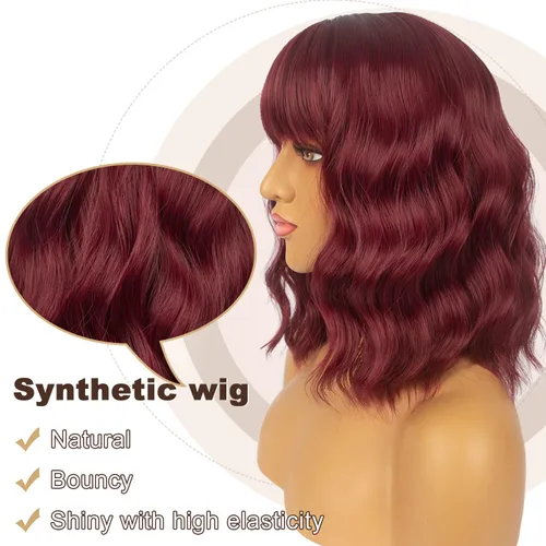 Vista 2 de Pelucas cortas estilo Bob con flequillo para mujer, peluca ondulada y suelta hasta el hombro, peluca sintética estilo Bob para cosplay, pelucas