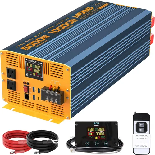 Vista 19 de Inversor de Potencia de Onda Sinusoidal Pura de 1200 Vatios DC 12V a 110V AC Convertidor con Dos Salidas de CA, Puertos USB de Carga Rápida