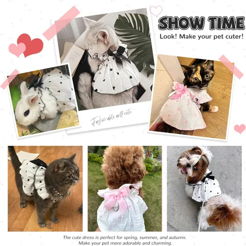 Vista 3 de Vestidos para perros pequeños, hembra, perro, gato, vestido lindo de algodón extra de verano, decoración de lazo, traje de cumpleaños, ropa de Rosa