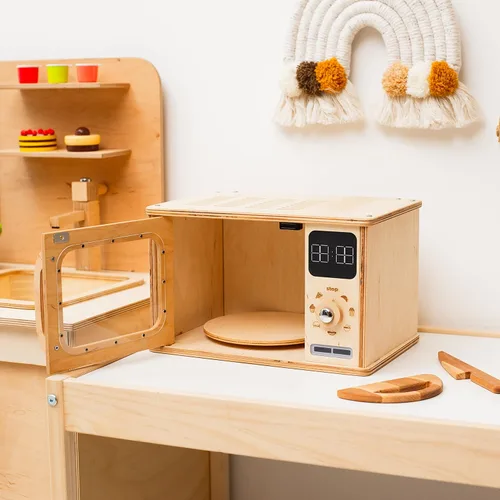 Vista 4 de Horno de microondas de madera para niños, muebles Montessori para niños pequeños, juguete de microondas, madera para niños, sala de juegos de madera