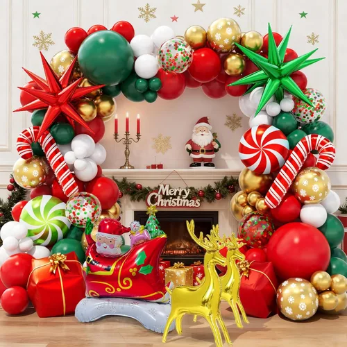 Vista 5 de Kit de guirnalda de globos de Navidad en forma de arco con globos rojos, blancos, verdes y dorados, globos de confeti, caramelo, bastón de caramelo