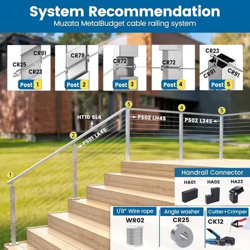 Vista 6 de Muzata Paquete de 10 accesorios de barandilla de cable de 1/8 pulgadas, tensor roscado a mano para poste de metal de 2 x 2 pulgadas, sistema