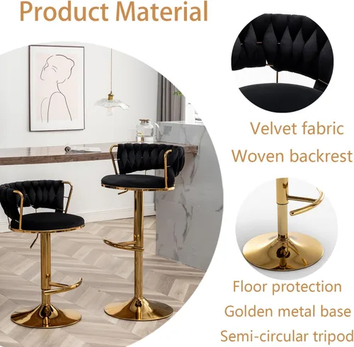 Vista 57 de Juego de 4 taburetes de bar de terciopelo dorado, taburetes de bar con respaldo bajo, taburete de bar giratorio para isla de cocina, pub (verde)