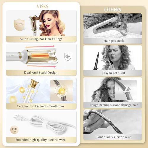 Vista 6 de Rizador giratorio profesional antienredos, barril de 1 pulgada con ranura grande y 3 ajustes de temperatura, voltaje dual con apagado automático