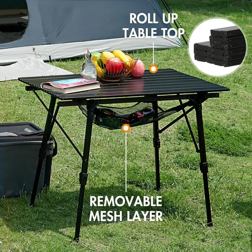 Vista 6 de PORTAL Mesa de camping plegable portátil con patas ajustables, mesa plegable de aluminio mesa enrollable con bolsa de transporte para exteriores