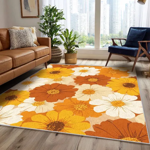Vista 9 de Floral Throw Rug, Washable Small 2x3 Area Rugs for Entryway, Groovy Flower Patterned Indoor Door Mat for Bedroom Kitchen, Floral Decor, Non Slip