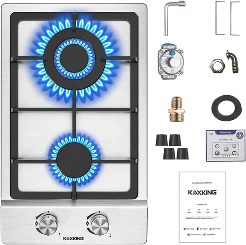 Placa de cocina de gas de 12 pulgadas, estufa de gas de 2 quemadores, acero inoxidable doble combustible (NG/LPG) convertible, protección de KOXKING