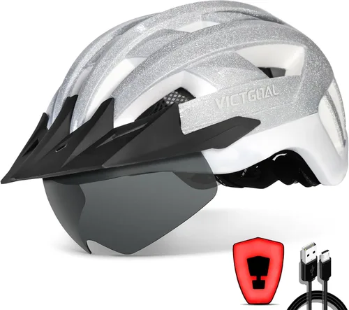 Vista 17 de VICTGOAL Casco de bicicleta con luz trasera recargable por USB, gafas magnéticas desmontables, visera solar extraíble, cascos de bicicleta