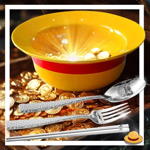 shiningsoul Ceramic Anime Style Straw Hat Ramen Bowl Set, Hammered Stainless Steel Fork & Spoon, Good ideal Gift Anime Merchandise for OP