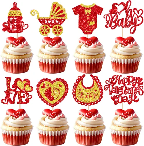 Vista 47 de Paquete de 24 adornos para cupcakes con purpurina en forma de corazón con temática de amor dulce, decoración de pasteles para el día de San