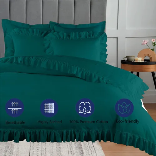 Vista 2 de eBeddy Linens Juego de funda de edredón de lujo con borde verde azulado con volantes, tamaño Super King, 108 x 98 pulgadas, algodón egipcio, funda
