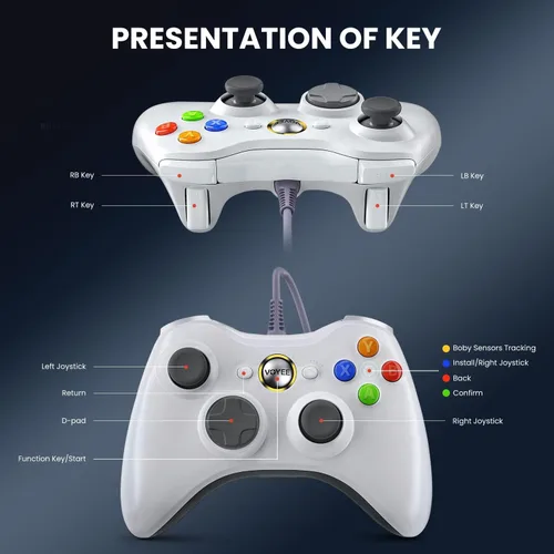 Vista 5 de VOYEE Controlador de PC, controlador con cable compatible con Microsoft Xbox 360 y SlimPC Windows 1087, con joystick mejorado, doble choque