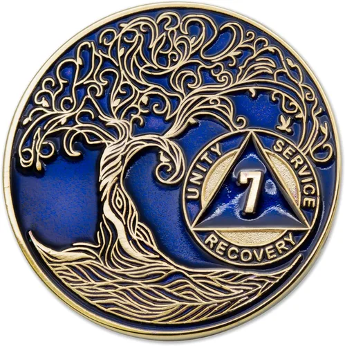 Vista 95 de 1 año Sobriety Mint Twisted Tree of Life Medallón de recuperación AA chapado en oro, chip/ficha - negro