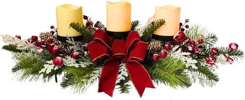 Vista 2 de Portavelas de Navidad, decoración de Navidad, 3 portavelas con cono de pino flocado de nieve, bayas rojas y lazo rojo para centro de mesa