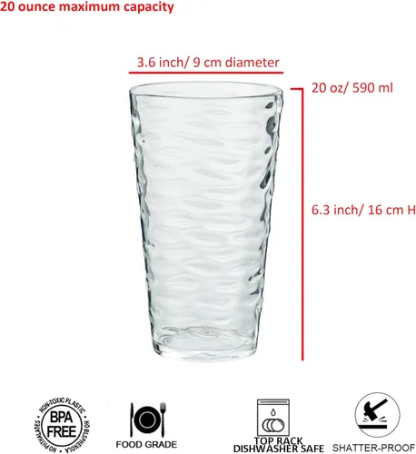Vista 2 de Vasos de plástico de 20 onzas, vasos de acrílico de alta calidad, juego de 6 vasos transparentes reutilizables, apilables, sin BPA, a prueba