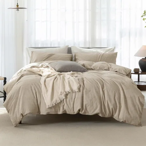 Vista 26 de Juego de funda de edredón individual de algodón lavado al 100% con textura de lino, ropa de cama ultra suave y fresca con cierre de cremallera