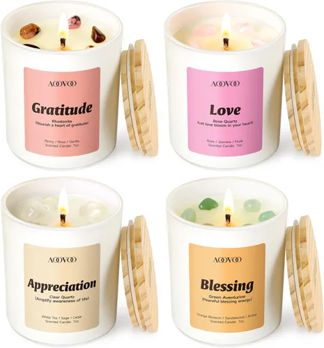 Vista 9 de AOOVOO Calm Candles Juego de 4 velas aromáticas para el hogar, 28 onzas, 200 horas de combustión, vela de aromaterapia con cristales, lavanda