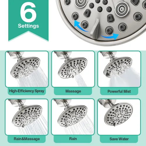 Vista 5 de Cobbe Cabezal de ducha filtrado de alta presión de 6 ajustes, cabezal de ducha de lluvia desmontable con filtro de cabezal de ducha de 20 etapas