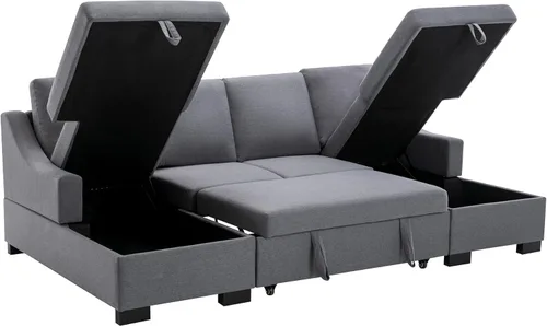 Vista 5 de AMNOOL Upholstered Sectional Sleeper Sectional Pull Out Sofa Bed U Shape Sectional Sofa with Double Storage and 2 Throwable Cushions for Living Room