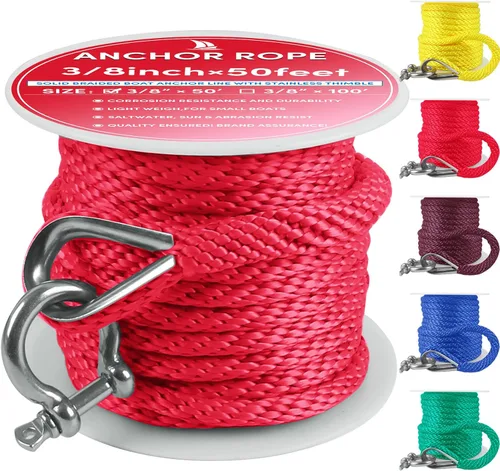 Vista 65 de Cuerda de anclaje prémium de 100 pies x 3/8 pulgadas, cuerda de anclaje MFP maciza con dedal y grillete, color naranja/amarillo
