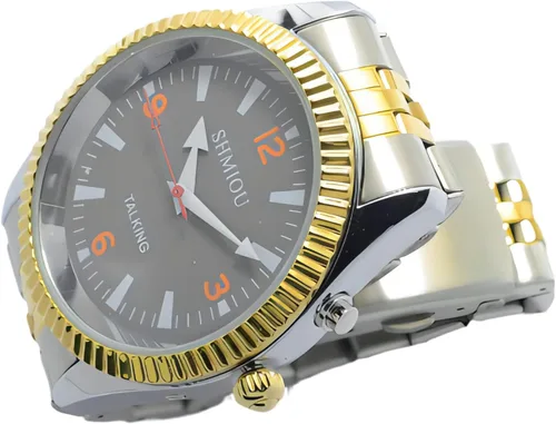 Vista 4 de Inglés Hablando Reloj para el anciano Ciego Hombre con Discapacidad Visual, Hombre Acero Inoxidable Oro Plata Pulsera Gris Dial Voz con Alarma