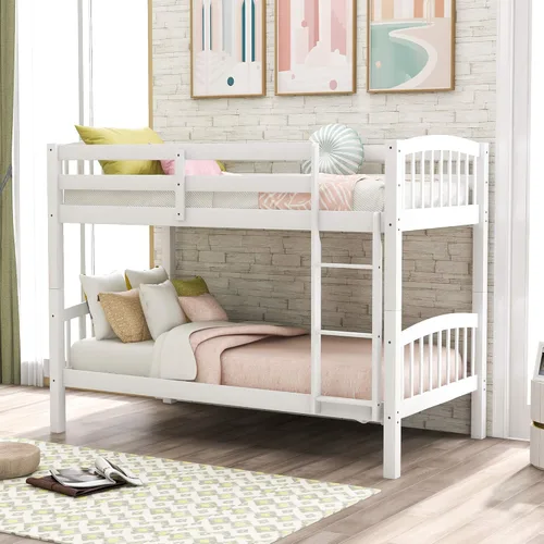 Vista 17 de Harper & Bright Designs Litera para niños de tamaño individual sobre individual, marco de cama individual de madera con escalera y barandillas