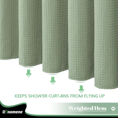 Vista 377 de Cortina de ducha de tela Dynamene verde oscuro - Cortinas de baño de tela de nido de abeja texturizadas resistentes, juego de cortinas de baño