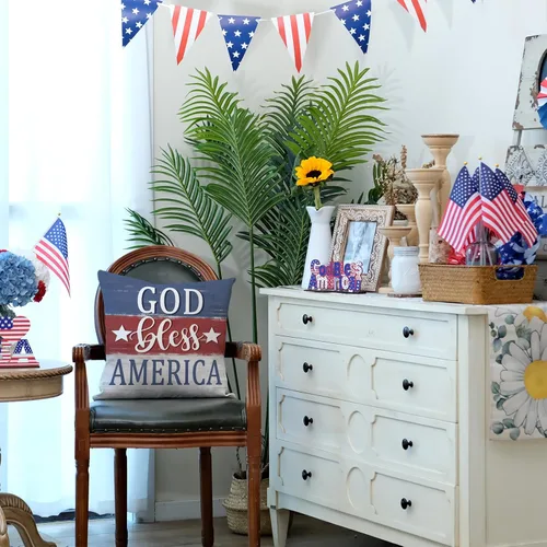 Vista 4 de GEEORY Juego de 4 fundas de almohada de 18 x 18 pulgadas para el 4 de julio, Dios bendiga Estados Unidos, estrellas valientes, a rayas, decorativas