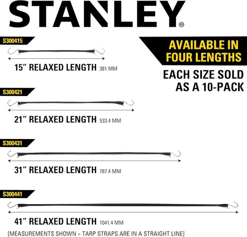 Vista 7 de STANLEY S300421 - Cuerdas elásticas de goma negras de 21 pulgadas para todo tipo de clima con ganchos en S para asegurar lonas, transportador