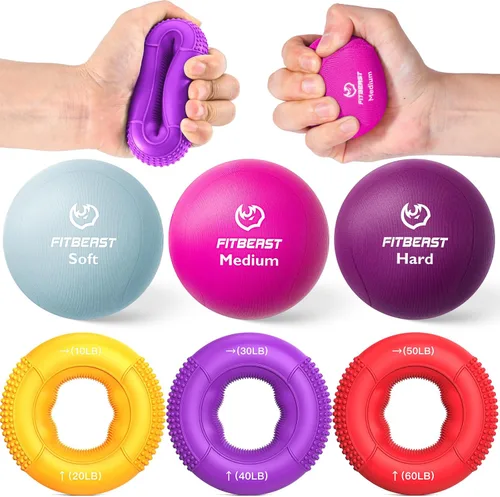 FitBeast Grip Strength Trainer, Finger Exerciser, Stress Balls for Adults 6-Piece Set, Hand Therapy for Strength, Recovery & Stress Relief, Forearm