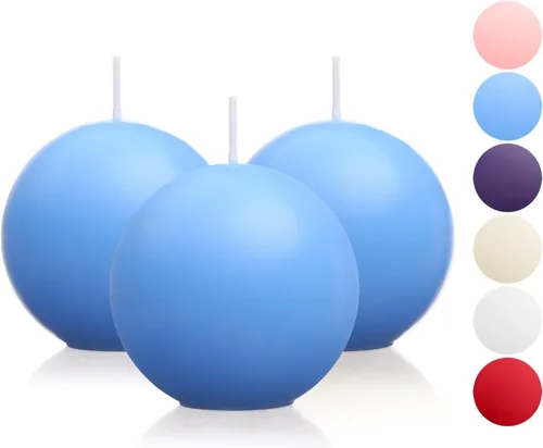 Vista 9 de Juego de 3 velas de pilar esféricas moradas de 3 pulgadas sin aroma vertidas a mano para bodas, decoración del hogar, (75 horas)