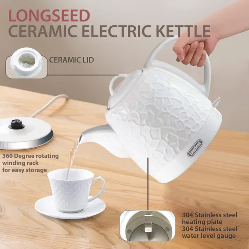 Vista 4 de Hervidor eléctrico de cerámica de 1.0 L (34 onzas), 1000 W de ebullición rápida, apagado automático y sin BPA, caldera de agua inalámbrica