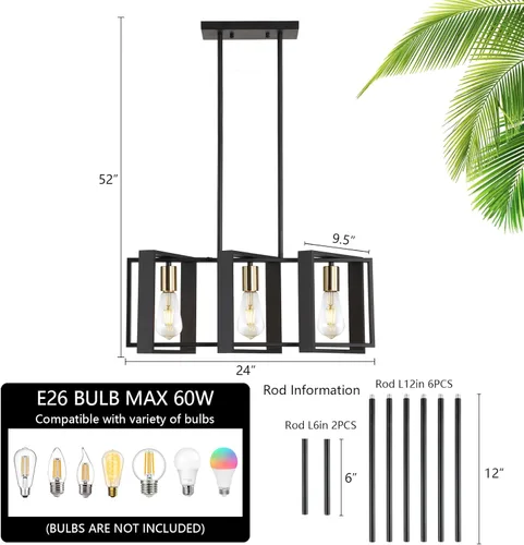 Vista 3 de Iluminación de isla de 23.6 pulgadas, lámpara de comedor con 3 luces, iluminación lineal de isla de cocina para mesa de billar, sala de estar, Madera