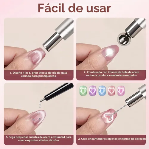 Vista 7 de Juego de 4 imanes de ojo de gato – Imán de ojo de gato negro para principiantes con imanes de uñas de corazón para arte de uñas, imán para esmalte