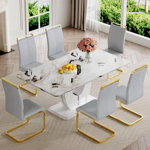 Vista 10 de JUFU Moderno juego de mesa de comedor de mármol sintético de 63 pulgadas para 6, mesa de cocina rectangular con base de pedestal en forma de U