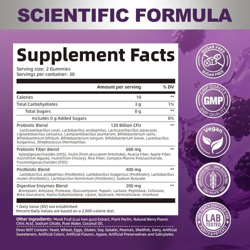 Vista 7 de Migcopat Gomitas de probióticos pre post, enzimas digestivas prebióticas prebióticas posbióticas con fibra, 120 mil millones de probióticos UFC