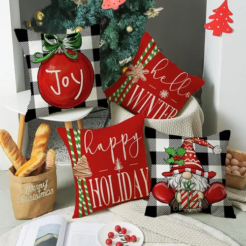 Vista 5 de Juego de 4 fundas de almohada de Navidad de 18 x 18 pulgadas, para decoración navideña, diseño de búfalo rojo y negro, a cuadros de invierno