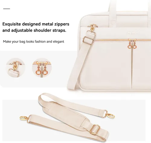 Vista 7 de Ferkurn Funda para Laptop para Mujeres y Hombres, Bolsa para Computadora Compatible con MacBook/HP/LG/Dell, Correa de Hombro Delgada Maletín Beige