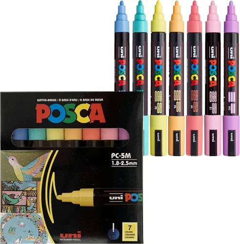 uni Posca - Marcadores pastel medianos de 16.4 ft con puntas reversibles, juego de 7, suministros de arte para niños, para regalos, decoraciones,