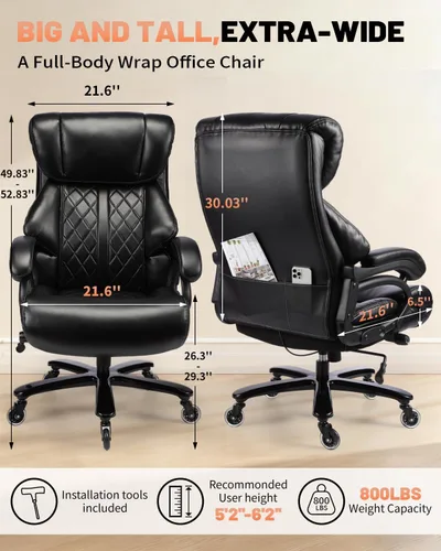 Vista 2 de Sillas ejecutivas de 800 libras, sillas de escritorio ejecutivas con soporte lumbar ajustable, silla de oficina para personas pesadas, silla