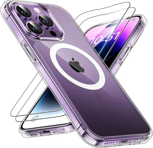 Vista 111 de TAURI - Funda magnética para iPhone 15 Pro Max, 3 en 1, compatible con MagSafe, no se pone amarilla, con 2 protectores de pantalla, protección