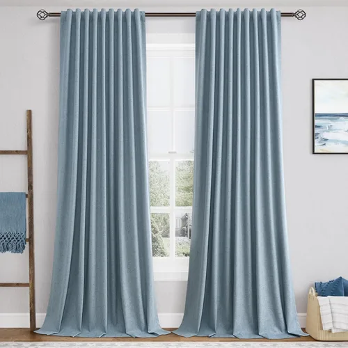 Vista 24 de Beige White 100% Blackout Curtains 84 Inch Length for Bedroom Back Tab Thick Heavy Black Out Linen Drapes Farmhouse Rustic Living Room Thermal