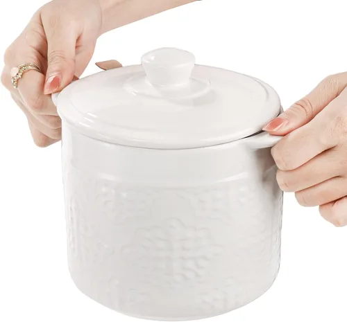 Vista 5 de Lyellfe Recipiente de grasa de tocino de cerámica, filtro de aceite de 1.2L/40 onzas con colador, recipiente de aceite de cocina tallado blanco