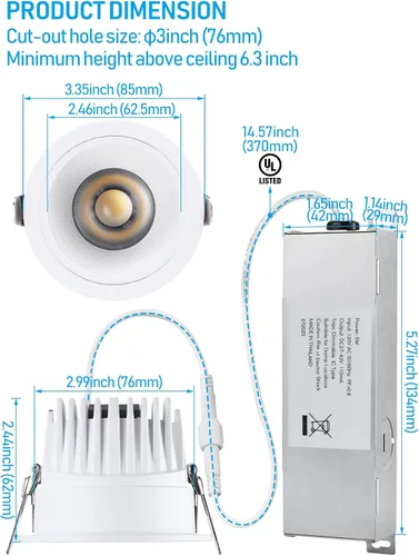 Vista 5 de TORCHSTAR 5CCT - Luces LED empotrables de 3 pulgadas con caja de conexiones, marco estrecho, aluminio, 9 W, 700 lúmenes, CRI90, regulable