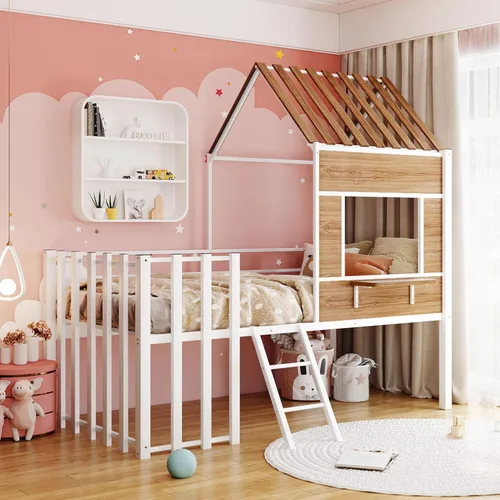 Vista 12 de Harper & Bright Designs Junoir - Cama tipo loft de metal tamaño individual para niños, cama baja con techo y escalera, cama tipo loft individual