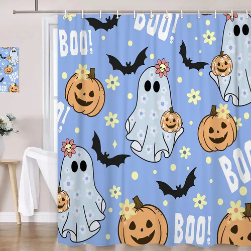 Cortina de ducha azul de Halloween para niños, lindo fantasma, calabaza, murciélago negro, flores de murciélago para decoración de baño, divertido