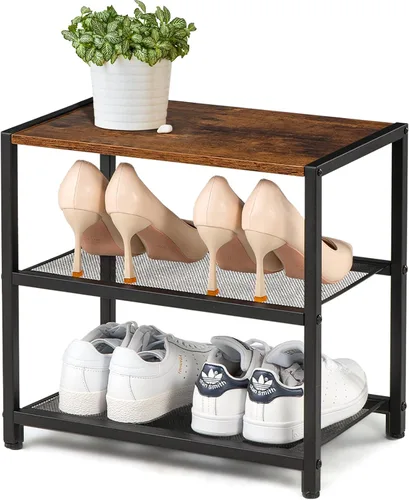 Zapatero de 3 niveles de madera con estantes de malla metálica - para entrada, armario, pasillo y dormitorio, con capacidad para 6 pares, ideal para