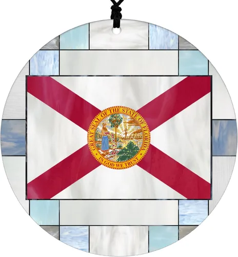 Vista 19 de New Hampshire Christmas Ornament - Faux Stained Glass Design Effect Featuring State Flag - 2026 Hanging Acrylic Disc Decoration for Tree - Unique